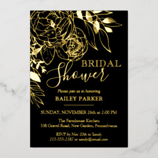 Black & Gold Modern Floral Peony Bridal Shower Foil Invitation