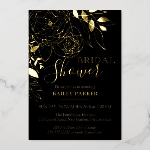 Black  Gold Modern Floral Peony Bridal Shower Foil Invitation