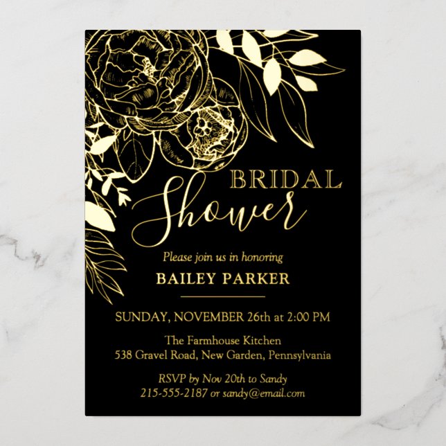 Black & Gold Modern Floral Peony Bridal Shower Foil Invitation (Front)