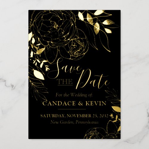 Black  Gold Modern Floral Peony Save the Date Foil Invitation