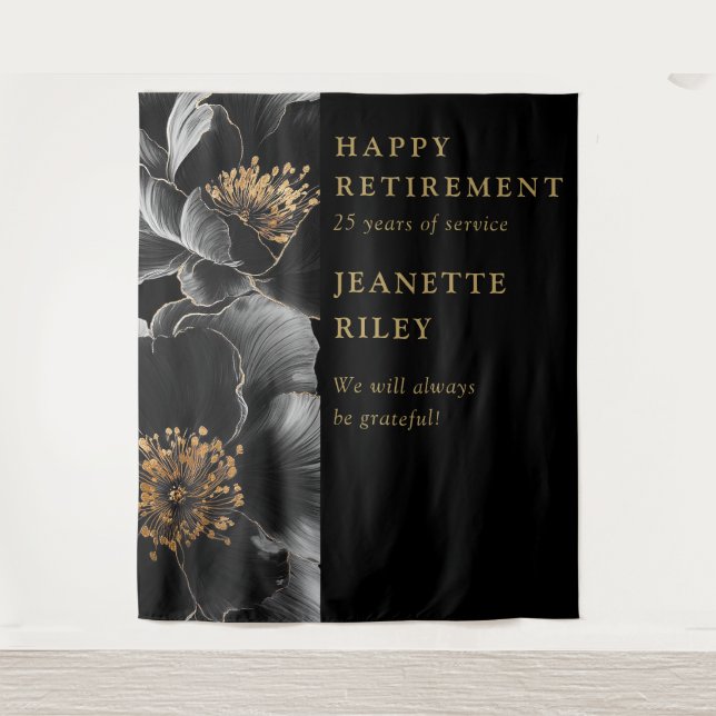 Black Gold Modern Floral Retirement Party Backdrop (Front)