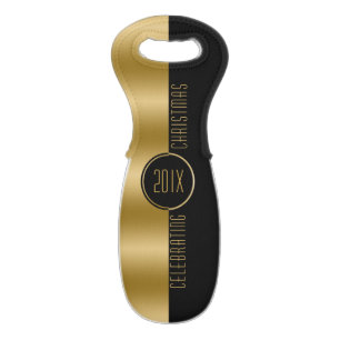 Black & Gold Modern Geometric Christmas Template Wine Bag