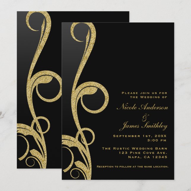 Black & Gold Modern Glam Elegant Swirl Wedding Invitation (Front/Back)