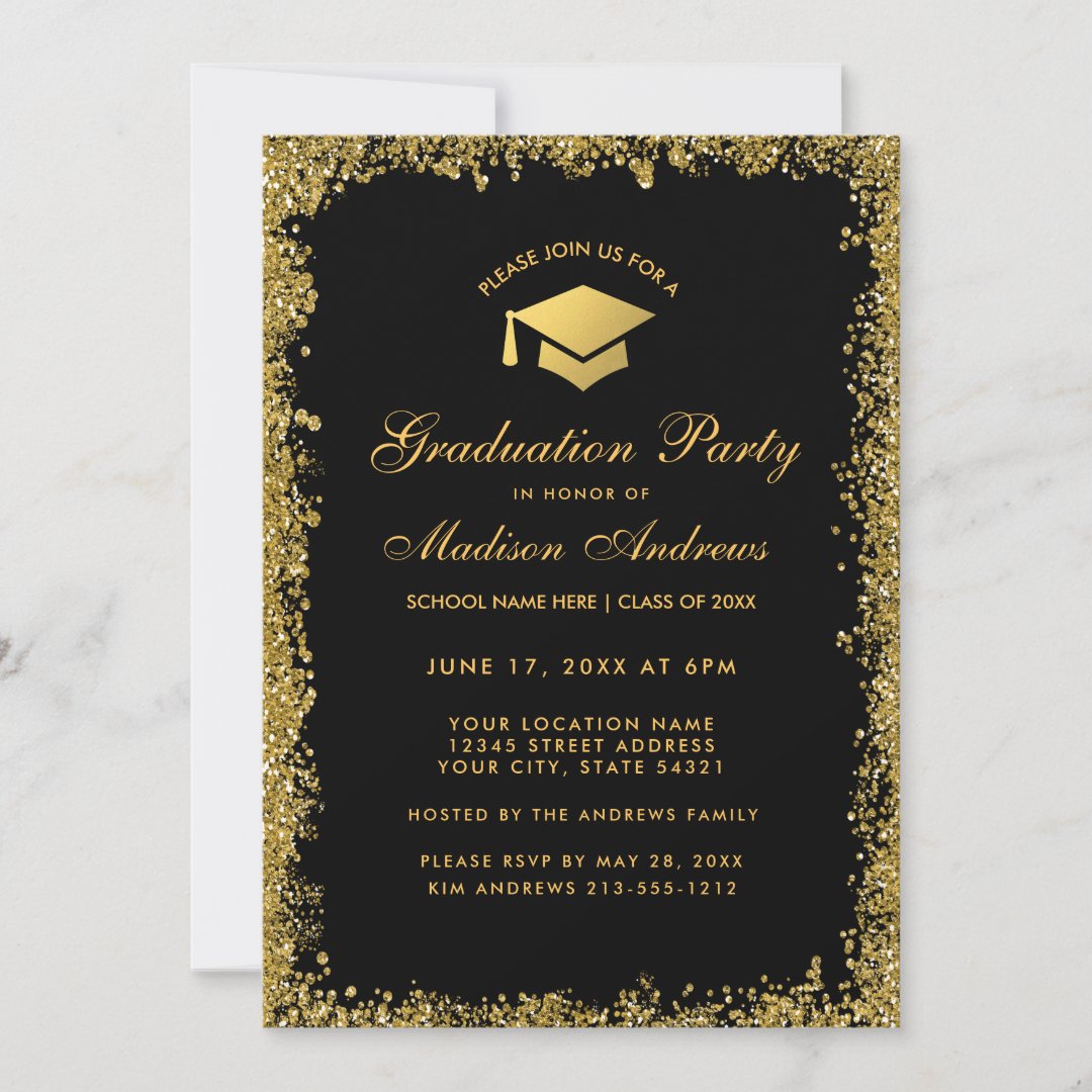 Black Gold Modern Glitter Graduation Party Invite | Zazzle