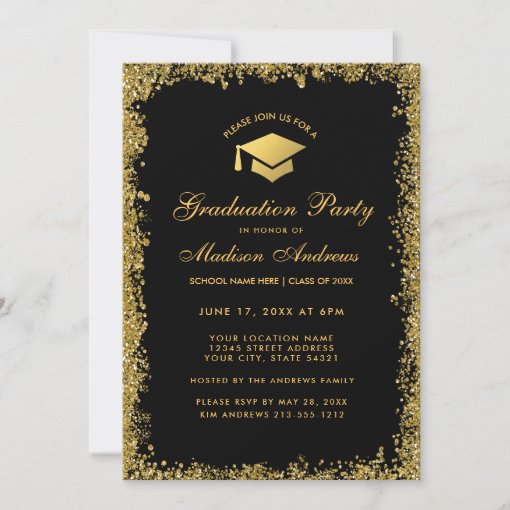 Black Gold Modern Glitter Graduation Party Invite Zazzle 9104