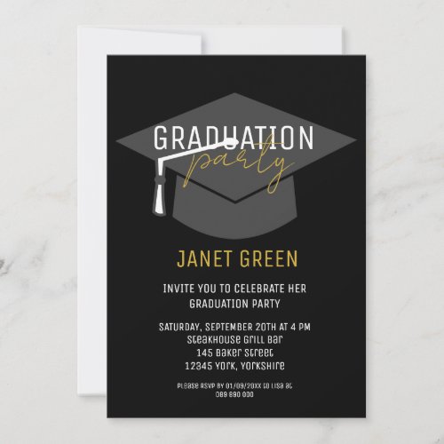 Black Gold Modern Grad Cap Tassel Graduation Party Invitation