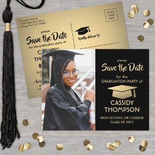 Black & Gold Modern Graduation Photo Save the Date Postcard