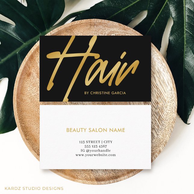 Black Gold Modern Hair Stylist Business Card (Image shows the front and back of this Gold and Black Hair business card size 3.5 x 2 inches.)