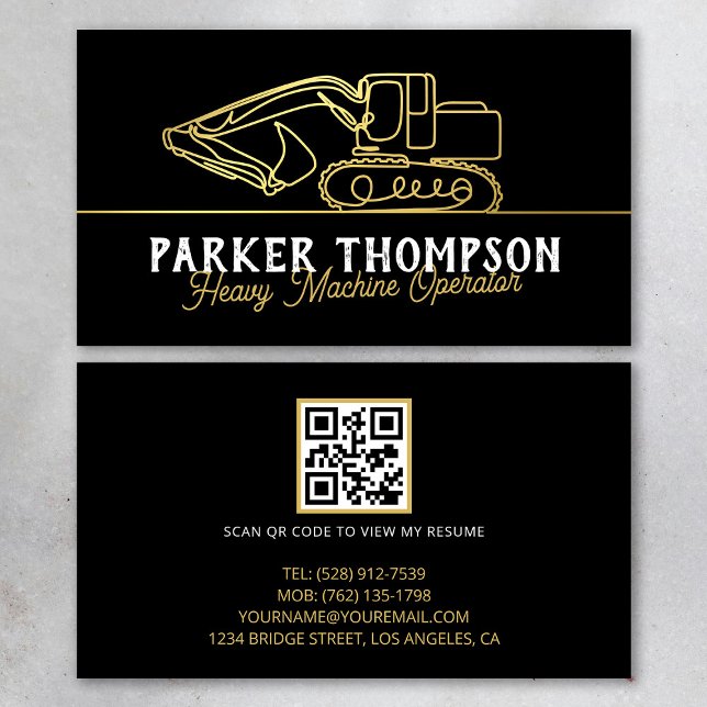 Black Gold Modern Heavy Machine Operator QR Code Business Card (Creator Uploaded)