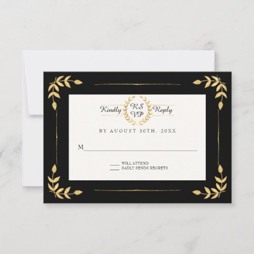 Black Gold Modern Laurel Leaf Wreath Foliage RSVP