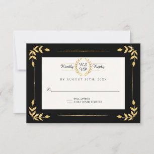Black Gold Modern Laurel Leaf Wreath Foliage RSVP Card