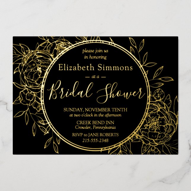 Black & Gold Modern Line Peony Toile Bridal Shower Foil Invitation (Front)