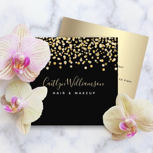 Black gold modern luxury hair salon makeup artist square business card