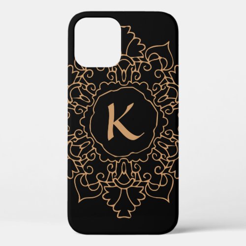 Black Gold Modern Mandala Monogram Simple Custom iPhone 12 Case