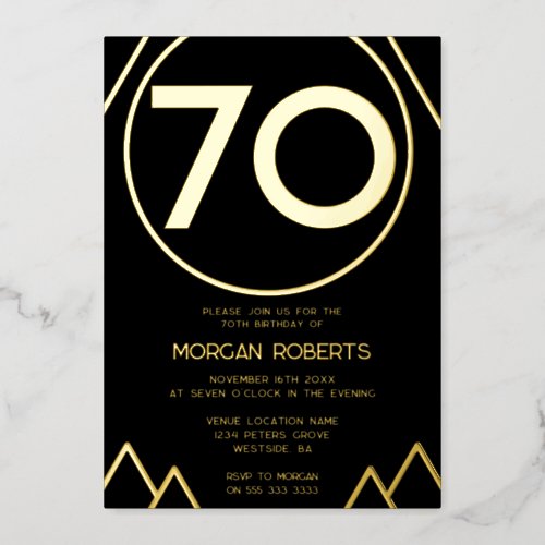 Black  Gold Modern Mens or Womans 70th Birthday Foil Invitation