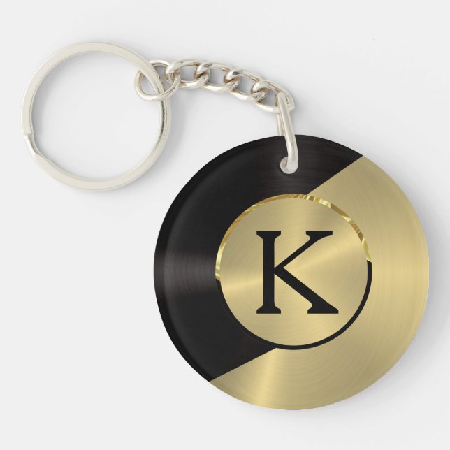 Black & Gold Modern Metallic Geometric Design Keychain (Front)