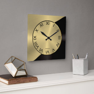 Black & Gold Modern Metallic Geometric Design Square Wall Clock
