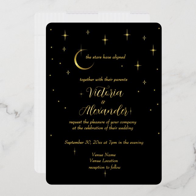 Black Gold Modern Minimal Celestial  Foil Invitation (Envelope)