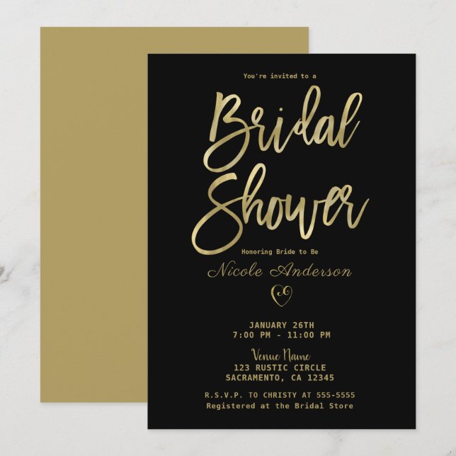 Black & Gold Modern Minimal Chic Bridal Shower   Invitation (Front/Back)