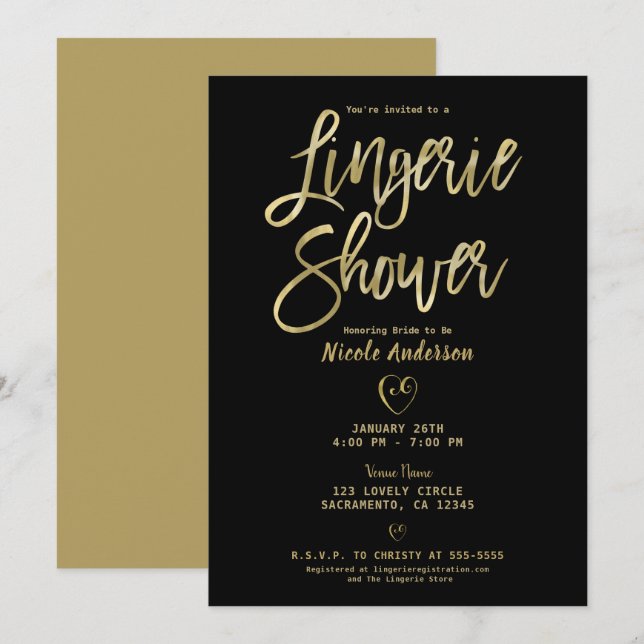 Black & Gold Modern Minimal Chic Lingerie Shower Invitation (Front/Back)