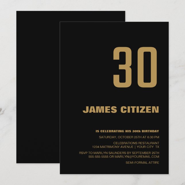 Black Gold Modern Minimalist 30th Birthday Party Invitation (Front/Back)