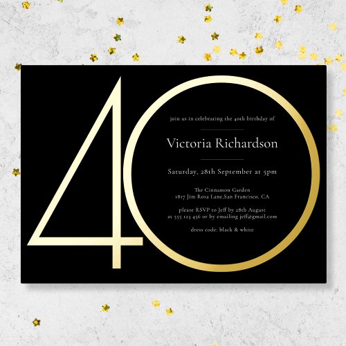 Black Gold Modern Minimalist 40th Birthday Party Foil Invitation