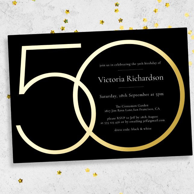 Black Gold Modern Minimalist 50th Birthday Foil Invitation (Mockup View)