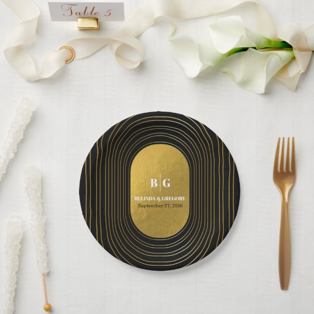 Black & Gold Modern Minimalist Arch Wedding  Paper Plates (Wedding)