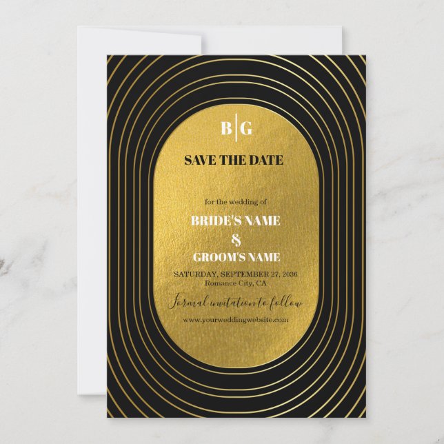 Black & Gold Modern Minimalist Arch Wedding Save The Date (Front)