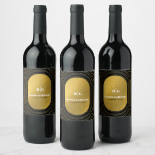 Black & Gold Modern Minimalist Arch Wedding Wine Label