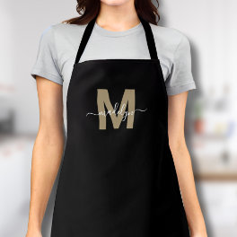 Black Gold Modern Minimalist Elegant Monogram Apron
