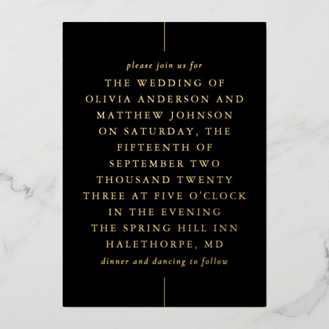 Black gold modern minimalist typography wedding foil invitation (Front)