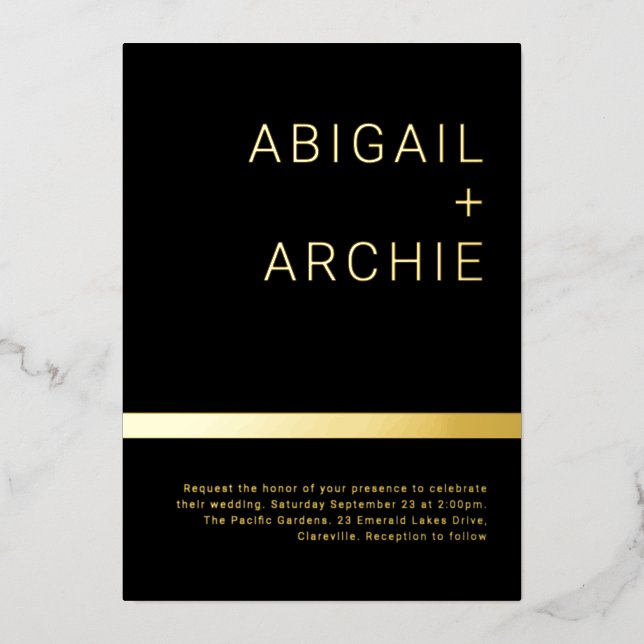 Black & Gold Modern Minimalist Wedding Golden Foil Invitation (Front)