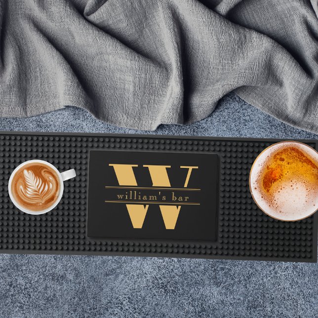 Black Gold Modern Monogram Name Masculine Home Bar Mat (Creator Uploaded)