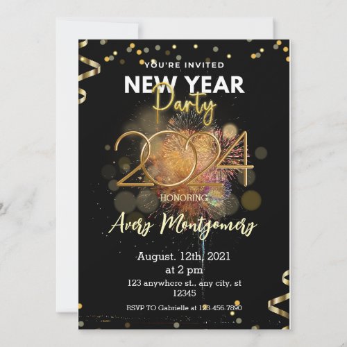 Black Gold Modern New Year Party Invitation