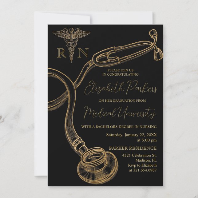 Black Gold Modern Nursing School Graduation Party Invitation (Front)