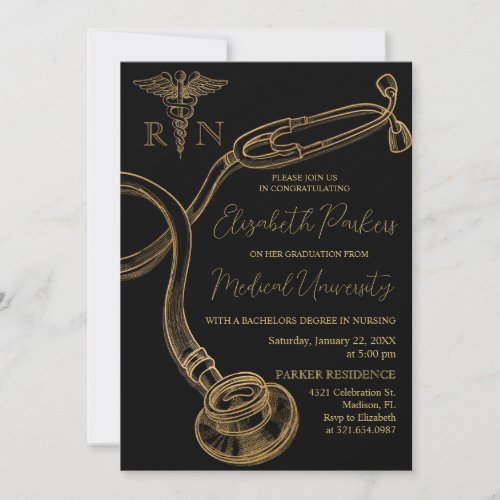 Black Gold Modern Nursing School Graduation Party Invitation