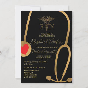 Black Gold Modern Nursing School Graduation Party Invitation