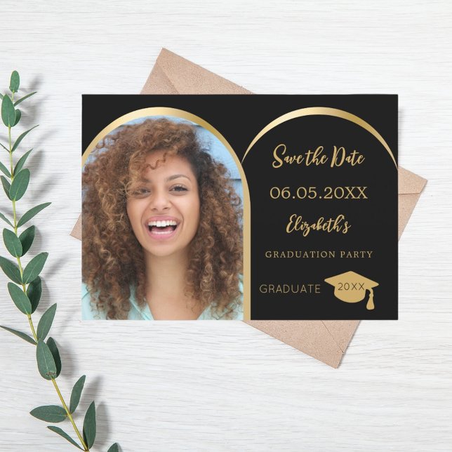 Black gold modern photo arch Graduation Party Save The Date (Creator Uploaded)
