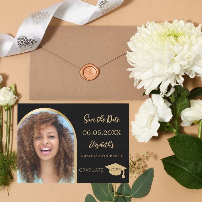 Black gold modern photo arch Graduation Party Save The Date (Creator Uploaded)