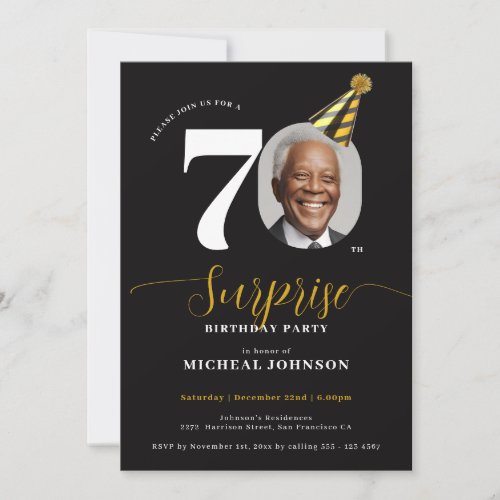 Black Gold Modern Photo Surprise 70th Birthday Invitation
