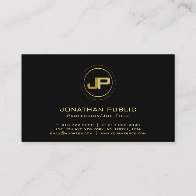Black Gold Modern Professional Monogram Elegant Business Card (Front)