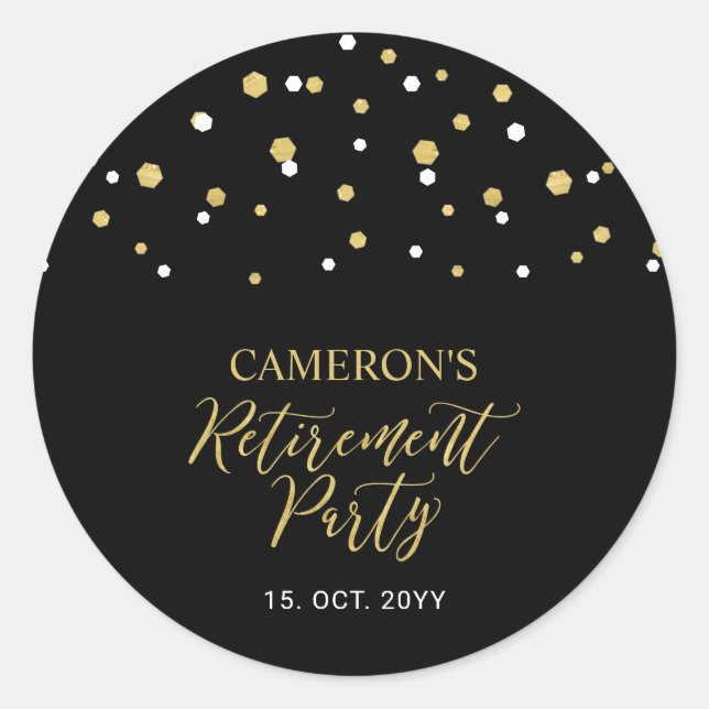 Black & Gold | Modern Retirement Party Favor  Classic Round Sticker (Front)