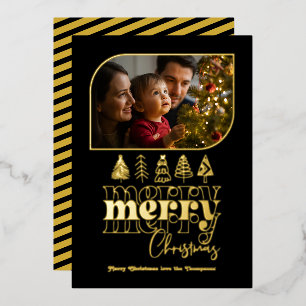 Black & Gold Modern Retro Doodle Christmas Photo Foil Holiday Card