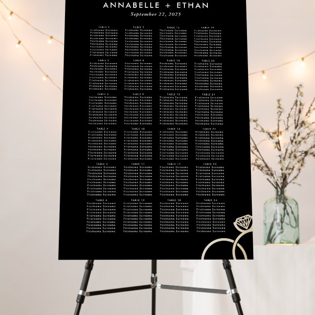 Black Gold Modern Rings Wedding Seating Chart Foam Board (In Situ (Stand))