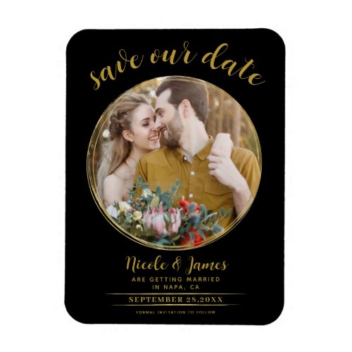 Black  Gold Modern Round Photo Save the Date Magnet