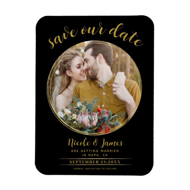 Black & Gold Modern Round Photo Save the Date Magnet (Vertical)