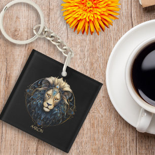 Black Gold Modern Script Big Cat Star Sign Leo Keychain