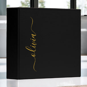 Black Gold Modern Script Girly Monogram Name 3 Ring Binder