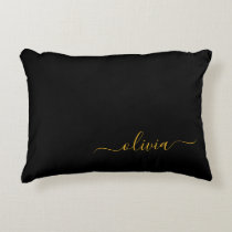 Black Gold Modern Script Girly Monogram Name Accent Pillow